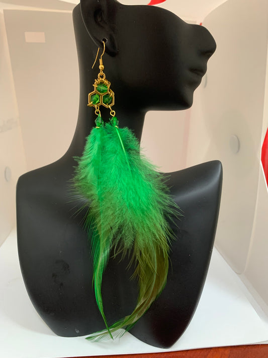 Emerald Gem Earring with Feathers